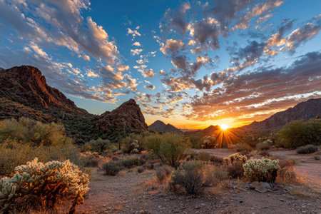 A breathtaking landscape showcases a desert environment at sunset, with majestic mountains under a dynamic sky. The scene features warm colors of the sun, casting long shadows across the terrain. This image can be used for various editorial or commercial projects related to nature, travel, and environmental themes.の素材