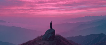 A silhouette of a person stands atop a mountain ridge under a vivid pink and purple sky. The image displays a gradient of colors in the sky and mountains. This visual could be used for projects related to travel, achievement, or editorial content without specifics.の素材