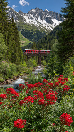 A vibrant scene depicts a bridge carrying a red train, surrounded by lush greenery and flowing water. The foreground is filled with bright red flowers, while snow-capped mountains dominate the background. The composition uses natural light, and this image could be suitable for editorial or commercial projects.の素材