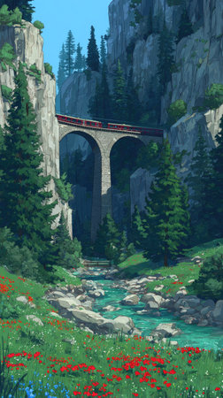 A digital painting depicts a river running through a valley, spanned by a stone bridge, set between towering rock formations. Lush green vegetation and colorful flowers line the riverbanks. The artwork showcases a blend of natural and architectural elements, suitable for various commercial and editorial projects.の素材