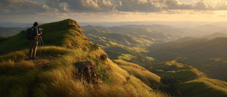 A lone photographer is on a mountain peak, capturing a vast, rolling landscape. The scene is bathed in golden sunlight, highlighting the textures of the grass and hills. The composition suggests a natural outdoor setting, potentially suitable for travel, environmental, or artistic projects.の素材