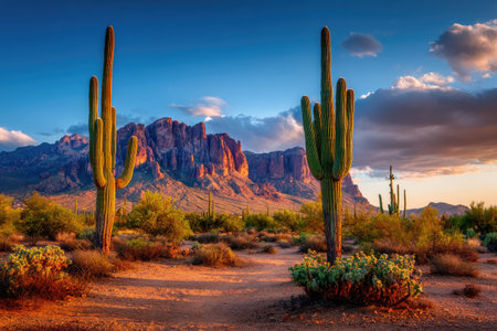 The image showcases a desert environment featuring large cacti against a mountainous backdrop. The composition includes a foreground of sandy terrain with scattered shrubs, illuminated by warm sunlight. The scene evokes a sense of vastness with a clear blue sky above, suitable for various editorial and commercial applications.の素材