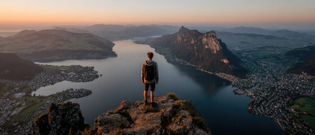 A person stands on a rocky outcrop, gazing at a vast landscape. The scene features a large body of water and mountains under a gradient orange sky. The image showcases natural light and a sense of perspective, suitable for use in travel, adventure, and environmental themes.の素材