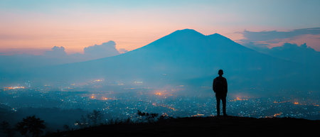 A lone figure stands silhouetted against a mountainous landscape, illuminated by the soft glow of dusk or dawn. The image showcases a gradient of blue and orange hues. It could be suitable for editorial features, travel brochures, or design projects, with ample copy space.の素材