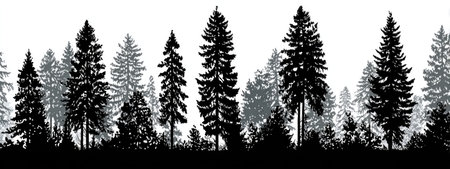 This image presents a silhouette of various pine trees in a monochrome palette. The composition features tall, slender trees with layered foliage, contrasted against a bright, white background. It suggests a forest environment and could be suitable for numerous design applications, including editorial projects or advertising.の素材