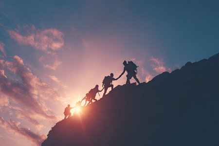 A group of individuals are silhouetted against a vibrant sunset sky while climbing a mountain. The image highlights the figures ascending a slope with arms reaching out, suggesting teamwork and determination. The warm, golden sunlight creates a dramatic effect, potentially suitable for motivational or inspirational content.の素材