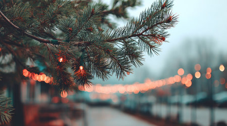 An evergreen pine branch, adorned with subtle string lights, dominates the foreground. A blurred background reveals additional lights and a potential outdoor setting, perhaps on a cold day. This image is suitable for seasonal themes, event promotions, or general design needs.の素材