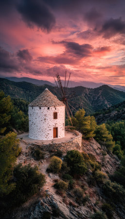 A stone windmill stands atop a hill, its white facade contrasting with the vivid sunset sky. The image showcases a natural landscape, with mountains and trees surrounding the structure. The composition is enhanced by dramatic lighting. Suitable for commercial and editorial content.の素材