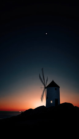 A windmill silhouette stands atop a hill against an orange and blue gradient sky. The composition highlights the architectural form with details visible at the edge of night. Natural lighting casts long shadows across the horizon. This image could be suitable for travel articles and historical features.の素材
