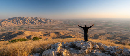 A person stands with arms outstretched on a hilltop, gazing out over a vast landscape. The image features warm, natural colors with prominent use of brown and gold tones. The composition has an overhead perspective with high dynamic range. This image is suitable for various commercial and editorial uses related to travel, adventure and outdoors.の素材