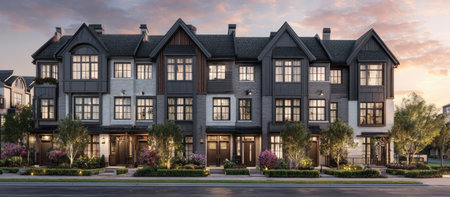 The image showcases a row of houses with architectural details. The facade presents windows and doors under a sunset sky. Various colors, including gray and white, dominate the scene. The composition likely serves as a visual representation suitable for editorial purposes or as a background.の素材