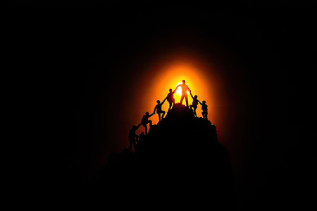 Silhouetted figures are seen reaching for a mountain summit under a vibrant orange glow. The composition uses strong contrast, with a dark foreground and a bright, undefined light source. The image portrays a sense of cooperation and aspiration, lending itself to visual stories around teamwork and ambition.の素材