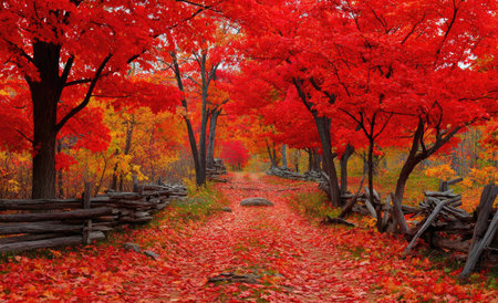 A pathway winds through a forest dominated by red foliage during autumn. The scene features a rustic wooden fence along the path, surrounded by trees displaying vivid red leaves. The composition uses natural lighting to enhance the color. This image could be used for various nature-themed publications or visual content.の素材
