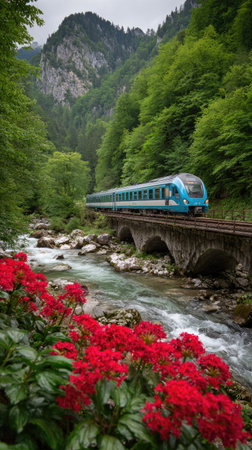 A train traverses a stone bridge over a river, framed by vibrant red flowers in the foreground and verdant trees. The composition showcases a natural environment with a clear sky, suggesting a journey. This image could be used for travel, transportation, or environmental themes in various editorial contexts.の素材