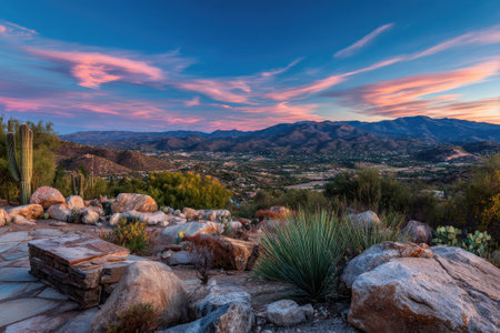 A picturesque landscape showcases a mountainous terrain under a dynamic sky illuminated with shades of pink and blue. Rugged rocks and desert vegetation fill the foreground. The scene features an expansive view, possibly shot at dusk. This image could be suitable for various editorial and commercial uses.の素材