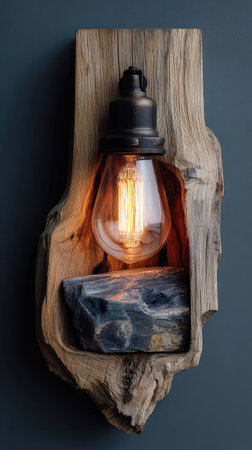 An antique light fixture is mounted on a weathered wooden plaque featuring a warm, glowing Edison bulb. The composition includes a dark-colored rock, resting within the wood. The image conveys a feeling of warmth with a dark background, possibly for home decor or design projects. Suitable for various commercial and editorial applications.の素材