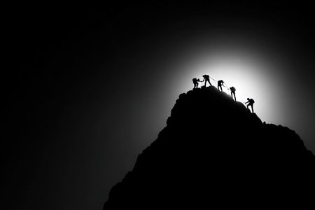 A silhouetted group ascends a mountain peak against a bright, white light source. The high-contrast image features a dark, rocky texture contrasting with the bright background. The composition is dramatic, with visual emphasis on the climbers' silhouette. Suitable for illustrations of teamwork, overcoming challenges, and other editorial or commercial purposes.の素材