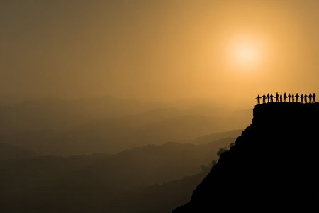 A silhouetted group stands atop a rocky cliff, illuminated by a warm, golden sunset. The image features a high-angle composition with soft, diffused light, creating a sense of depth. The scene evokes a feeling of contemplation within a vast, natural environment. This image could be used for various commercial projects or editorial content.の素材