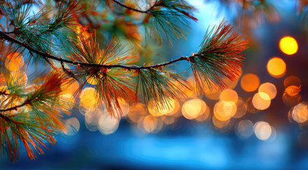 A close-up view features a pine branch with green needles and hints of orange tips. The composition presents a soft-focus backdrop of golden bokeh lights. The image evokes a sense of natural beauty. Suitable for various commercial applications.の素材