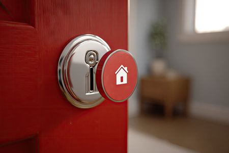 A close-up showcases a vibrant red door with a modern smart lock. The metallic lock and the home-shaped icon on the knob stand out. The lighting suggests a daytime setting, possibly indoors. This image may be suitable for use in home security, real estate, or smart technology related content.の素材