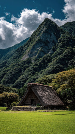 An image depicts a rustic wooden house nestled in a vibrant green field, set against a backdrop of a towering mountain. The composition showcases rich green foliage and a clear blue sky with fluffy white clouds. Suitable for various commercial applications, the image could be used for travel or nature-themed projects.の素材