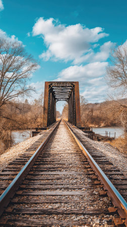 An image showcases a railway bridge stretching towards the horizon, framed by a bright blue sky dotted with puffy clouds. The tracks, with their wooden ties, lead the viewer's eye. The scene is bathed in sunlight, suggesting a daytime environment. This image could be used for various commercial and editorial purposes.の素材