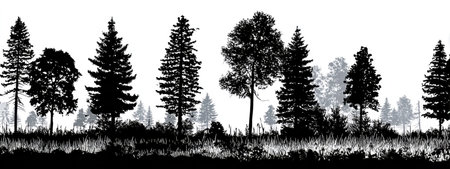 This image presents a striking black and white silhouette of various trees and grasses against a clear white backdrop. The composition features different tree shapes and textures creating a layered effect. Ideal for editorial and commercial projects that require a minimalist natural background, offering versatility for diverse applications.の素材