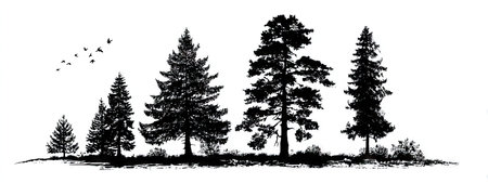A black and white illustration depicts several pine trees and a flock of birds. The graphic displays silhouettes against a white background, with detailed textures on the trees. The style is simple and suitable for various commercial applications, including design projects and decorative elements.の素材
