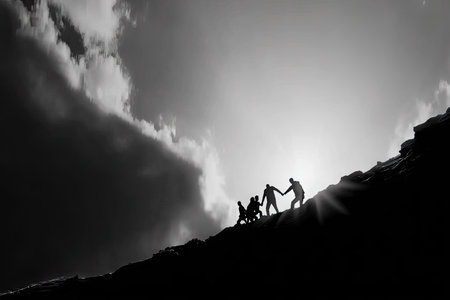 Several dark figures are seen climbing a hill or mountain, silhouetted against a bright, overcast sky. The monochromatic image emphasizes the forms and textures of the terrain and clouds. The composition suggests teamwork and perseverance. Suitable for illustrating themes of achievement and overcoming obstacles, with potential applications in business or motivational contexts.の素材