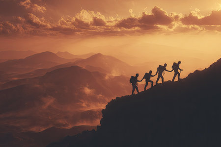 Several people are silhouetted against a vibrant sunset, appearing to climb a mountain. The scene features a warm color palette, with golden and orange hues illuminating the clouds and the rugged terrain. This image could be used to represent teamwork, overcoming challenges, or illustrating adventure and achievement.の素材