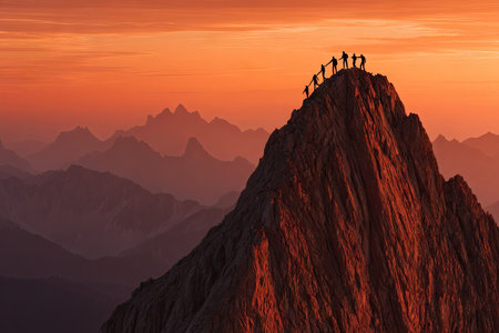 Silhouetted figures stand atop a mountain summit as dusk paints the sky orange. The dramatic lighting creates strong contrasts highlighting the rugged texture of the mountain. The image, dominated by warm colors, could be used for motivational content or as a metaphor for success.の素材