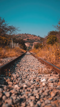 The image depicts railway tracks disappearing into the distance, beneath a bridge and a cloudless blue sky. The composition features a low-angle perspective, emphasizing the textured gravel bed. The surrounding landscape is characterized by brown vegetation, suggesting an outdoor daytime setting suitable for various commercial and editorial purposes.の素材