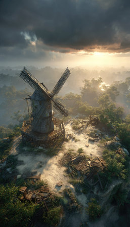 An aged windmill stands prominently on a hillside, showcasing a detailed design. The image presents a landscape dominated by soft colors, enhanced with an atmospheric perspective. Suitable for illustrating concepts related to agriculture, environment, or design projects. The scene is illuminated by warm sunlight, hinting at a time of day.の素材