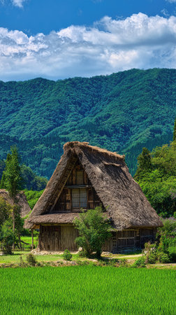 A traditional house with a thatched roof stands amidst a vibrant green field. The scene features lush vegetation and a mountain range under a partly cloudy sky. The image displays natural colors and a peaceful setting, suitable for illustrating rural life or environmental themes, usable for various editorial and commercial projects.の素材