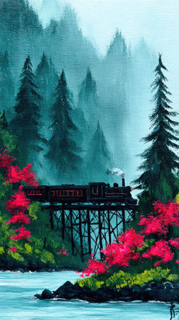 This watercolor painting depicts a train traversing a bridge in a verdant, misty forest. The artwork showcases a palette of blues, greens, and reds, with a soft, diffused light suggesting an early morning or evening scene. The composition features a strong vertical orientation and could be suitable for various editorial and commercial applications.の素材