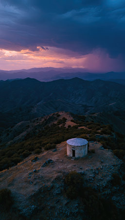 An elevated, aerial perspective captures a solitary, circular building atop a rugged, tree-covered hill. The scene is dominated by a vibrant sky blending hues of orange, purple, and blue. The composition highlights the contrast between the structure and the natural environment. This image could be used for various editorial or commercial applications.の素材