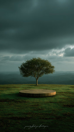 An isolated tree stands atop a wooden platform in a grassy field under a vast, cloudy sky. The composition features a muted color palette with greens and browns, a diffused light, and a panoramic perspective. This image may be suitable for use in various commercial and editorial projects.の素材
