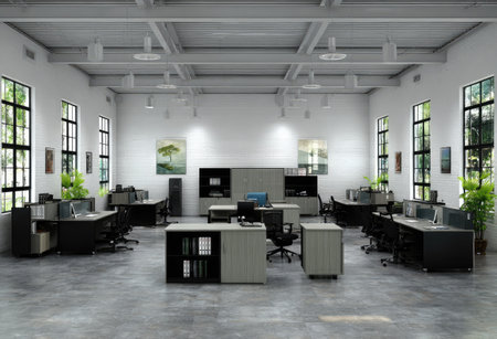 The image depicts a large modern office space with several desks and chairs. Large windows allow natural light to flood the room. The interior features a minimalist design with neutral colors. The scene could be used for commercial purposes, such as advertising or illustrating articles about workplace environments.の素材