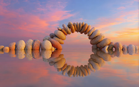 A stone arch structure rests above still water, reflecting a colorful sunset. The image showcases a symmetrical composition, with warm hues of pink, orange, and yellow dominating the sky and its reflection. The scene, likely outdoors, could be used for artistic, illustrative, or conceptual purposes.の素材