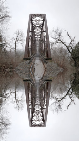 This image presents a symmetrical composition of a railroad bridge reflected over a waterway. The muted color palette and overcast sky create a moody atmosphere. The scene suggests a rural or natural setting, possibly during the day. It could be used for various editorial or commercial projects.の素材