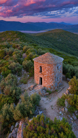 A rustic stone tower stands atop a hillside, surrounded by lush greenery. The image captures the building's architectural details, illuminated by the warm hues of a sunset. The composition features scenic views, with mountains and the sky providing a picturesque backdrop. This image is suitable for editorial and commercial applications.の素材