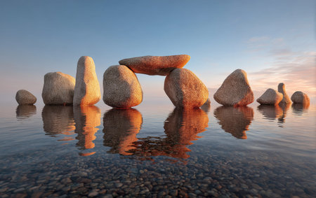 A stone structure stands near the water's edge with a stunning sky backdrop. The scene presents an arrangement of weathered stones in an outdoor environment. The image showcases natural light reflecting in the water. This visual may be useful in editorial and commercial design projects.の素材