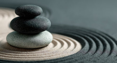 Three smooth stones are carefully balanced atop each other, set against a backdrop of textured sand. The sand features intricate, raked patterns in contrasting shades. The composition evokes a sense of calmness, balance, and meditation, suitable for editorial and commercial applications.の素材