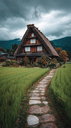 A picturesque Japanese farmhouse with a steeply pitched thatched roof dominates the scene. The structure is constructed from wood, set in a field of green. A stone pathway leads towards the building. The image displays an overcast sky. Suitable for editorial or commercial use.の素材