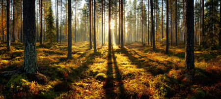 An image depicts a dense forest scene, with tall, slender trees bathed in sunlight. The composition emphasizes the interplay of light and shadow, highlighting textures on the ground and the tree trunks. This natural setting could be used for various commercial or editorial purposes, such as illustrating themes related to nature.の素材