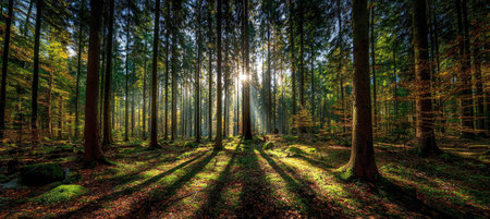 A dense forest scene shows tall, slender trees bathed in sunlight. Shadows stretch across the forest floor, creating a contrast of light and dark. The image depicts a natural environment, potentially suitable for environmental or travel-related content.の素材