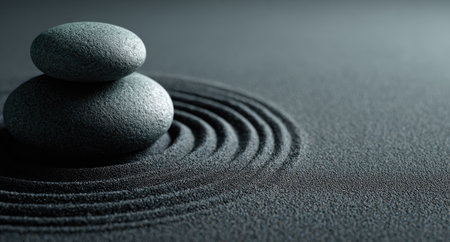 Two smooth stones are carefully balanced on a textured surface, evoking a sense of balance and tranquility. The dark background and detailed patterns create a serene atmosphere. Ideal for concepts related to harmony, wellness, or artistic design, it is suited for various commercial applications.の素材