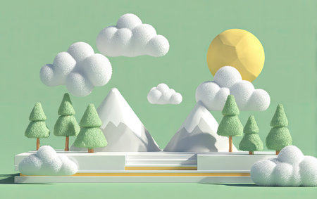 This illustration depicts a stylized landscape featuring geometric shapes. The scene includes mountains, trees, clouds, and a sun, all rendered in soft colors. The composition suggests an outdoor environment, possibly daytime. This image could be suitable for various commercial and design applications.の素材