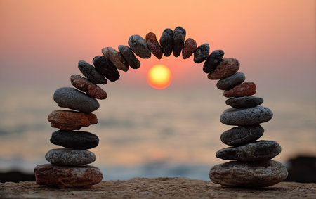 An arch made of stones is the central element, set against a soft, blurred background. The composition features a sunset, adding warm colors to the scene. The image uses natural lighting, showcasing textures and shadows. This image can be used for various commercial and editorial projects.の素材