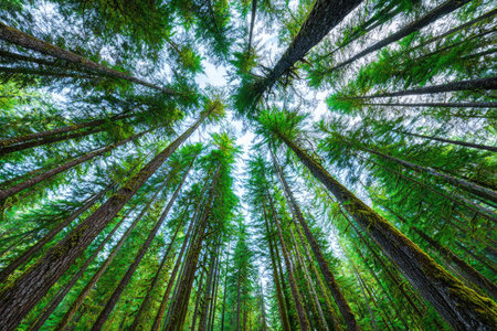 An overhead view shows numerous tall green trees reaching towards the sky. The composition focuses on the tree trunks and the canopy above, emphasizing the height and density of the forest. The sunlight filters through the leaves creating a natural lighting. This image can be used for various commercial and editorial purposes.の素材
